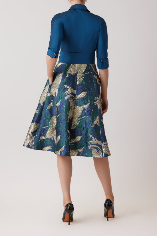 TAFFETA SHIRT DRESS WITH METALLIC JACQUARD SKIRT