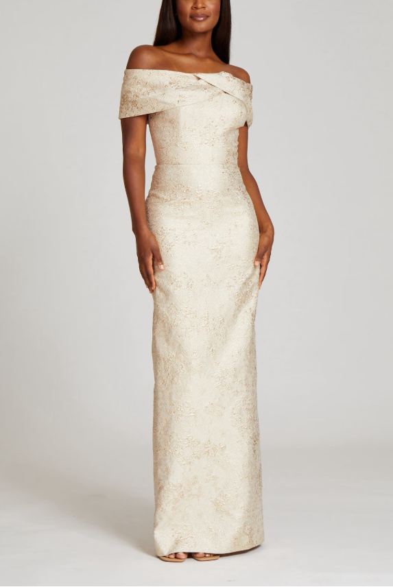 JACQUARD OFF THE SHOULDER PORTRAIT COLUMN GOWN