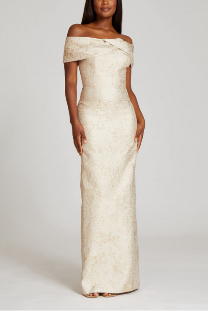 JACQUARD OFF THE SHOULDER PORTRAIT COLUMN GOWN