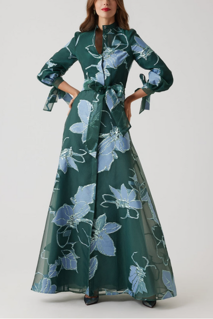 FLORAL JACQUARD MANDARIN NECK SHIRT GOWN