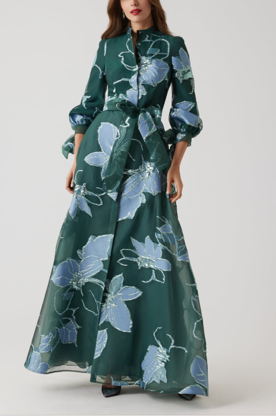 FLORAL JACQUARD MANDARIN NECK SHIRT GOWN