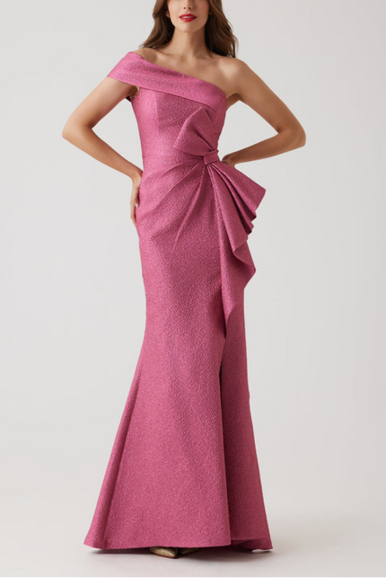 METALLIC JACQUARD ONE SHOULDER HIGH LOW GOWN