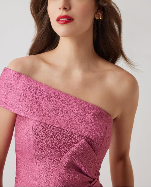 METALLIC JACQUARD ONE SHOULDER HIGH LOW GOWN