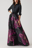METALLIC TAFFETA LARGE FLORAL ORGANZA SHIRT WAIST GOWN