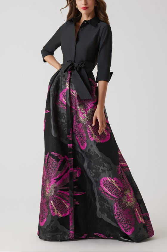 METALLIC TAFFETA LARGE FLORAL ORGANZA SHIRT WAIST GOWN