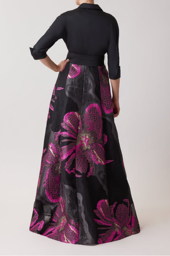 METALLIC TAFFETA LARGE FLORAL ORGANZA SHIRT WAIST GOWN