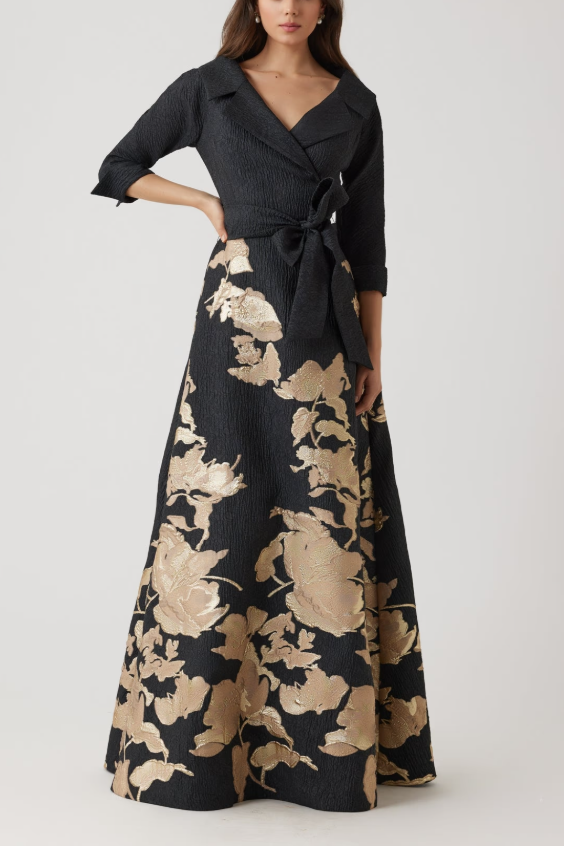 METALLIC JACQUARD FLORAL SHIRTDRESS GOWN