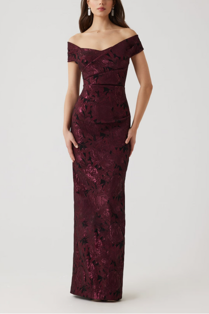 FLORAL STRETCH JACQUARD OFF THE SHOULDER RUCHED GOWN
