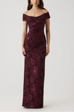 FLORAL STRETCH JACQUARD OFF THE SHOULDER RUCHED GOWN