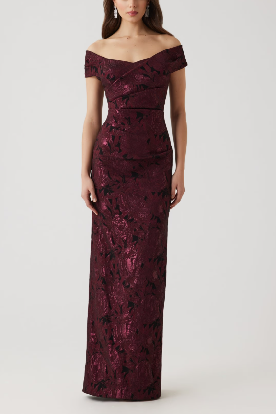 FLORAL STRETCH JACQUARD OFF THE SHOULDER RUCHED GOWN