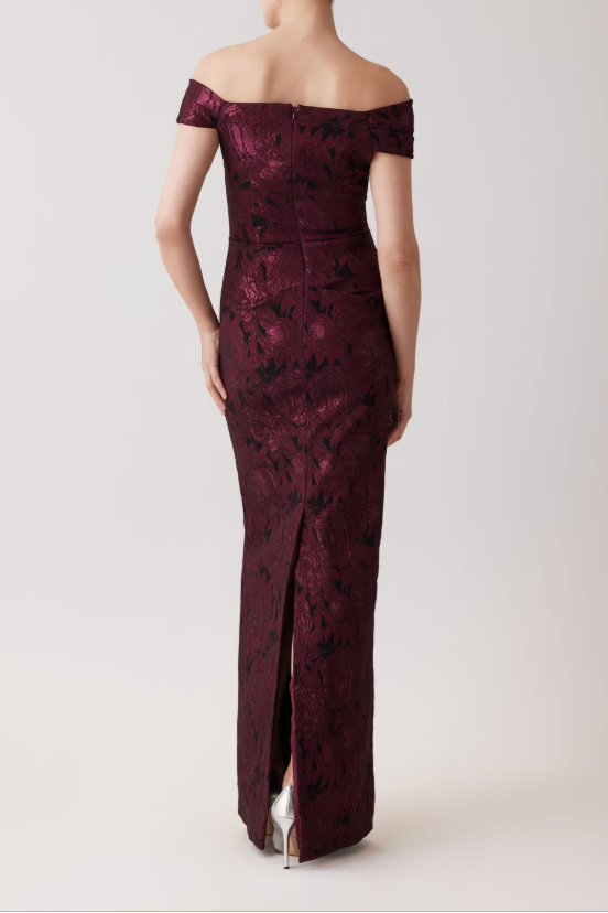 FLORAL STRETCH JACQUARD OFF THE SHOULDER RUCHED GOWN