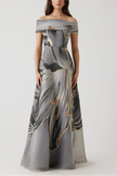 METALLIC JACQUARD OFF THE HSOULDER ALINE FLORAL GOWN