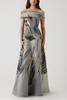 METALLIC JACQUARD OFF THE HSOULDER ALINE FLORAL GOWN