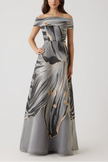 METALLIC JACQUARD OFF THE HSOULDER ALINE FLORAL GOWN