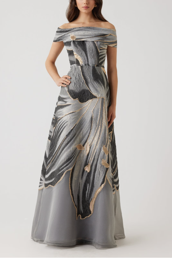 METALLIC JACQUARD OFF THE HSOULDER ALINE FLORAL GOWN