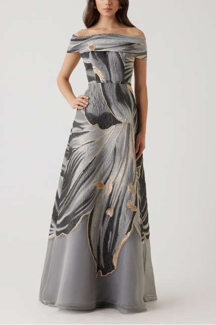 METALLIC JACQUARD OFF THE HSOULDER ALINE FLORAL GOWN