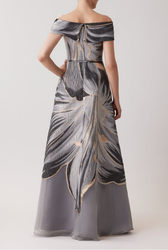 METALLIC JACQUARD OFF THE HSOULDER ALINE FLORAL GOWN