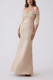 METALLIC JACQUARD PORTRAIT COLLAR ELBOW SLEEVE GOWN