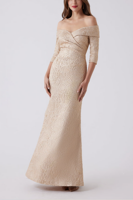 METALLIC JACQUARD PORTRAIT COLLAR ELBOW SLEEVE GOWN