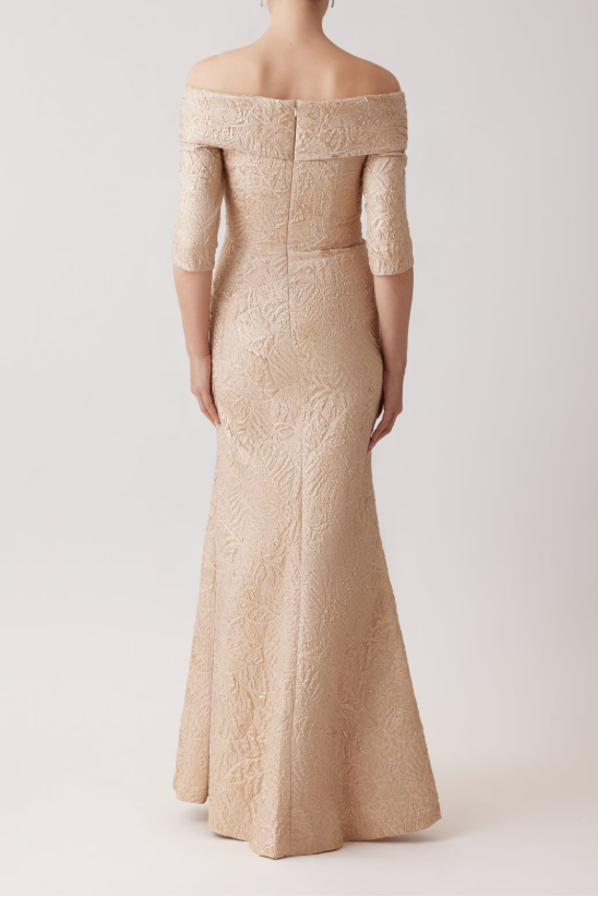 METALLIC JACQUARD PORTRAIT COLLAR ELBOW SLEEVE GOWN