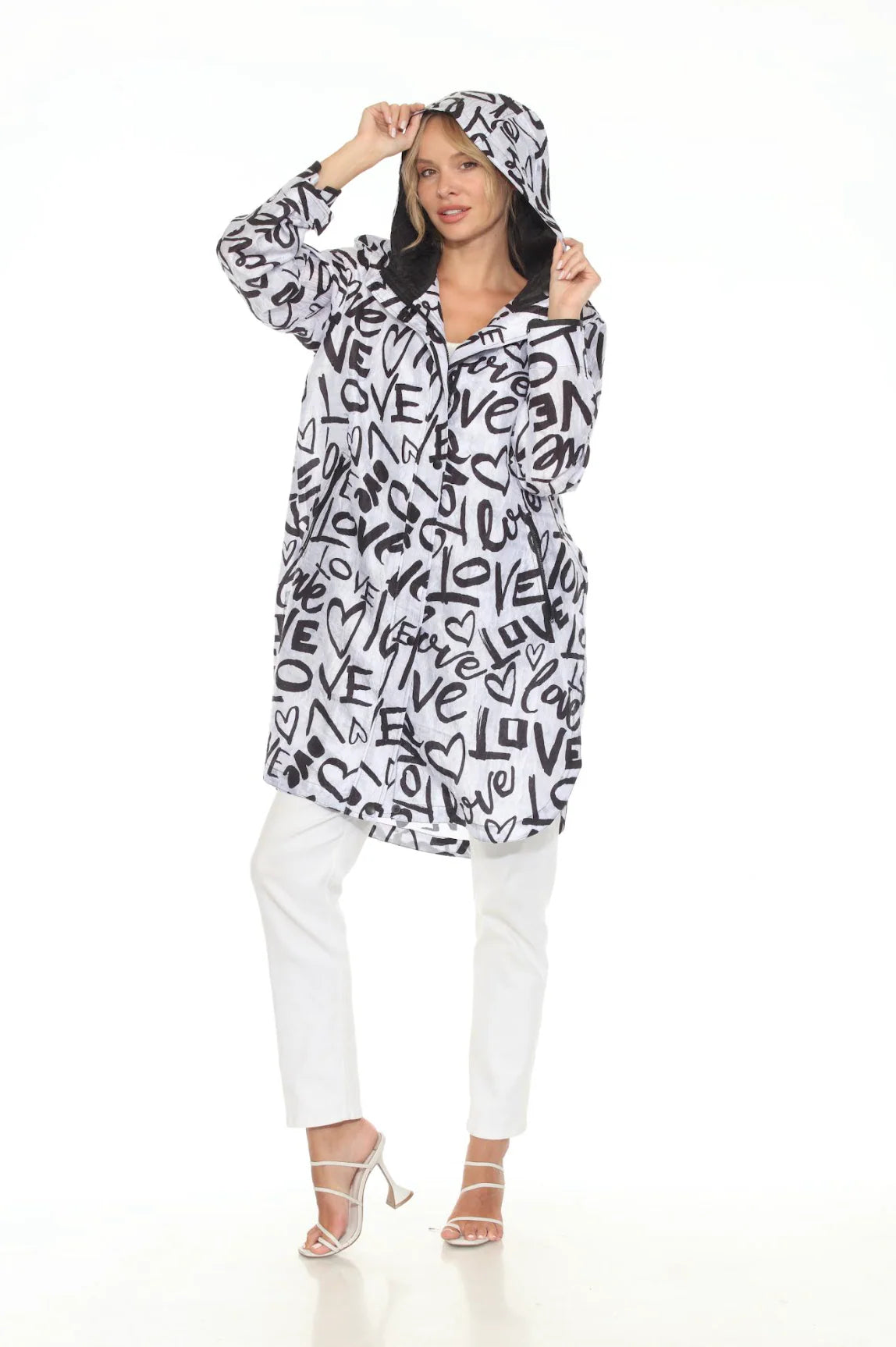 PACKABLE LONG RAIN JACKET WITH ZIP BAG IN LOVE PRINT