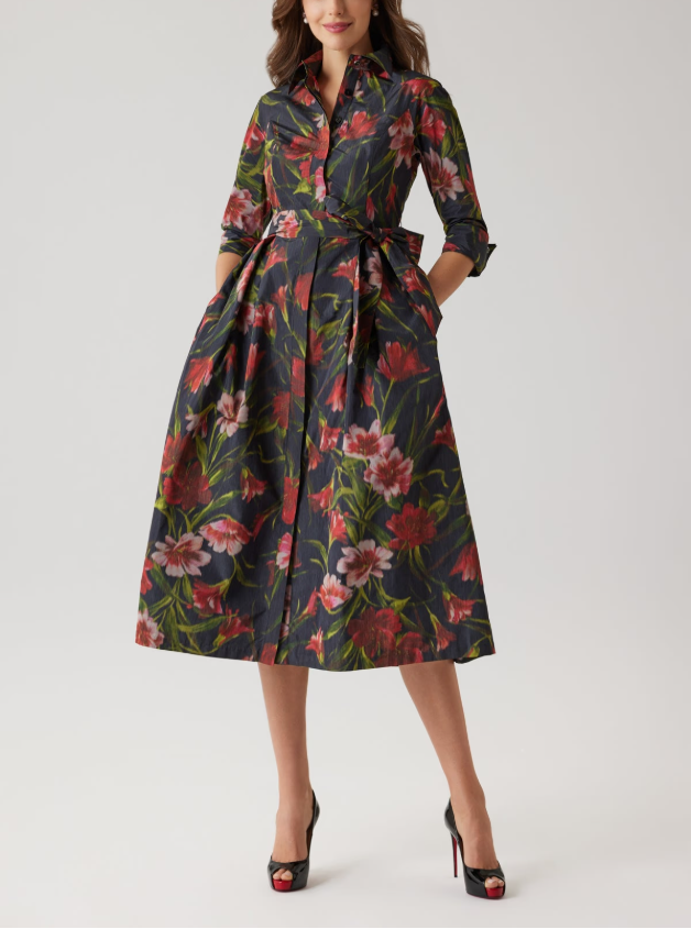 TAFFETA FAILLE HAZY FLORAL PRINT SHIRT DRESS
