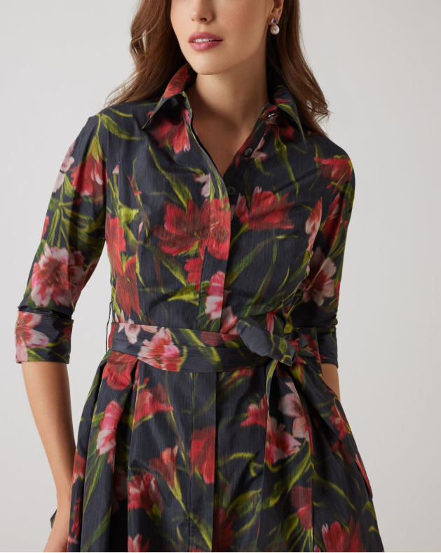 TAFFETA FAILLE HAZY FLORAL PRINT SHIRT DRESS