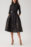 TEXTURED METALLIC JACQUARD FLORAL BOW NECK DRESS