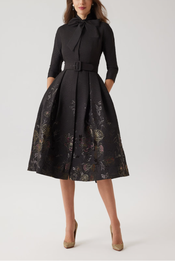 TEXTURED METALLIC JACQUARD FLORAL BOW NECK DRESS