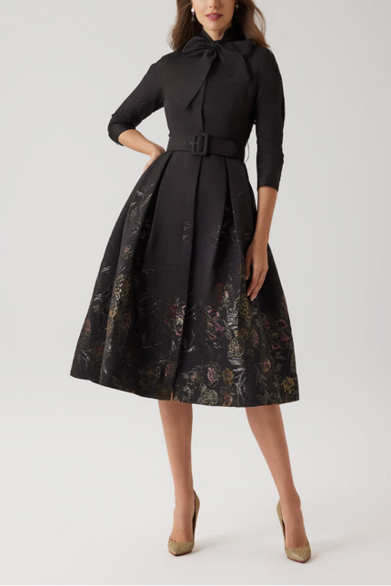 TEXTURED METALLIC JACQUARD FLORAL BOW NECK DRESS