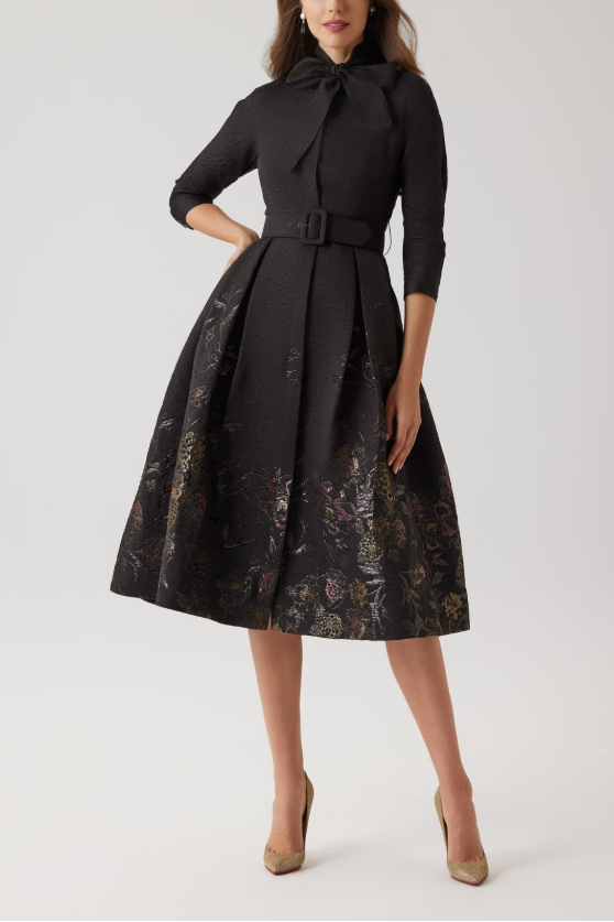 TEXTURED METALLIC JACQUARD FLORAL BOW NECK DRESS