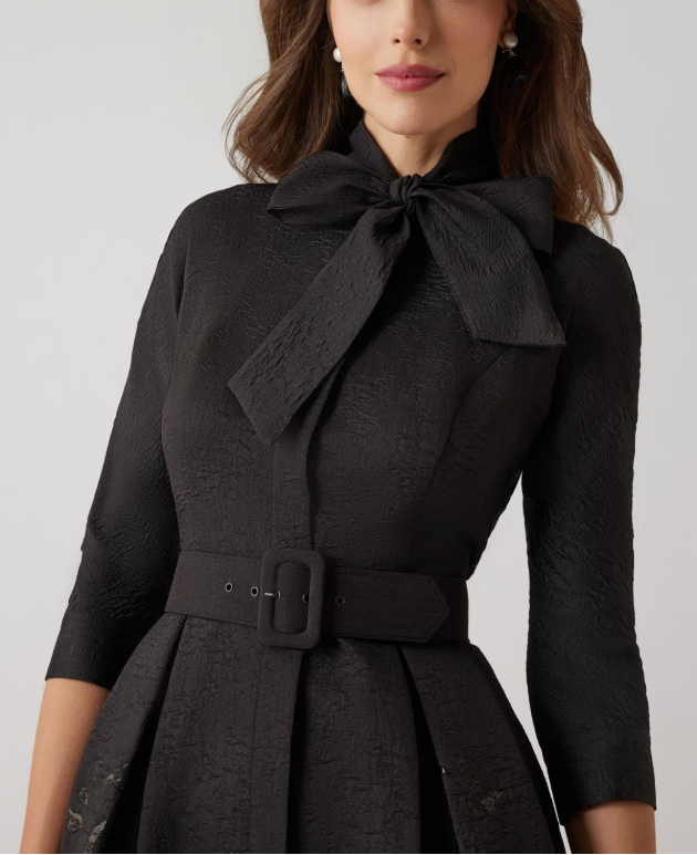 TEXTURED METALLIC JACQUARD FLORAL BOW NECK DRESS