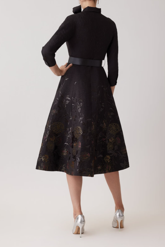 TEXTURED METALLIC JACQUARD FLORAL BOW NECK DRESS