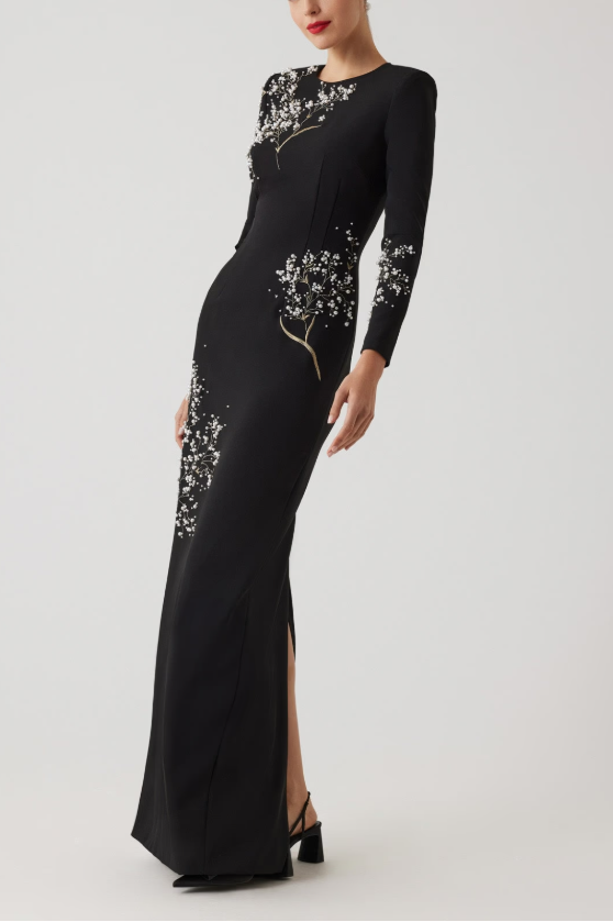 CREPE FLORAL PEARL APPLIQUE GOWN