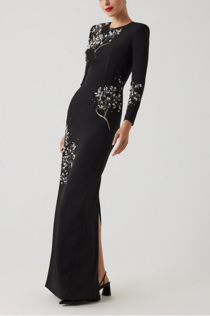 CREPE FLORAL PEARL APPLIQUE GOWN