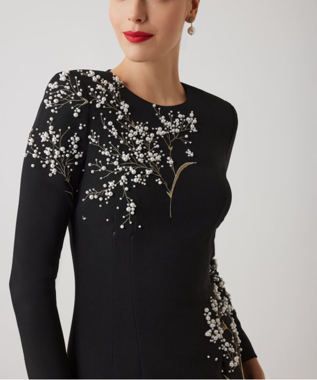 CREPE FLORAL PEARL APPLIQUE GOWN