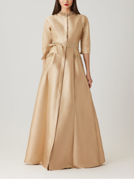 MIKADO BEAD COLLAR AND POCKET SHIRT WAIST GOWN