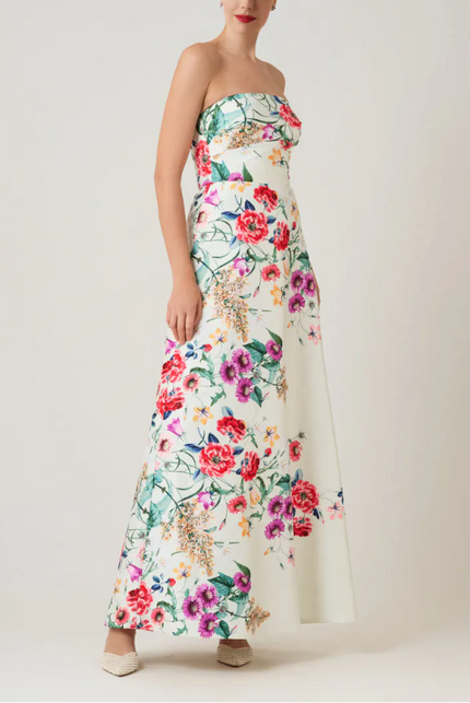 MIKADO FLORAL PRINT STRAPLESS GOWN