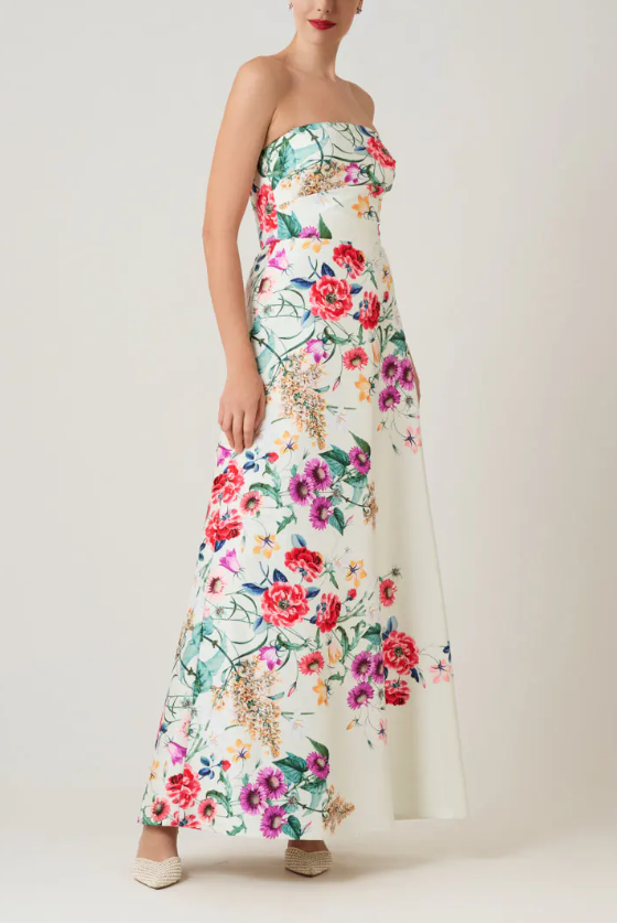 MIKADO FLORAL PRINT STRAPLESS GOWN