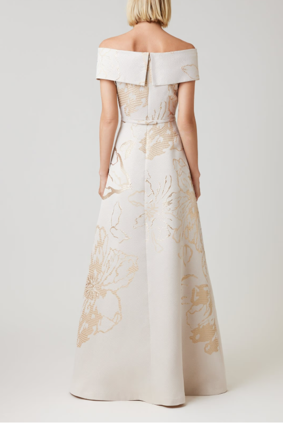 JACQUARD METALLIC PATTERN CUFF BODICE GOWN