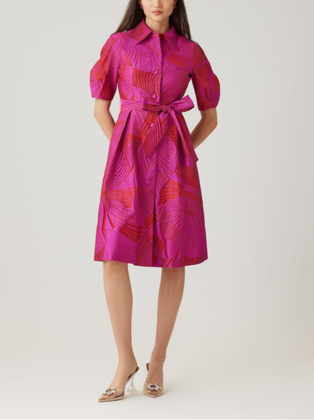 JACQUARD ABSTRACT PRINT PUFF SLEEVE SHIRT DRESS