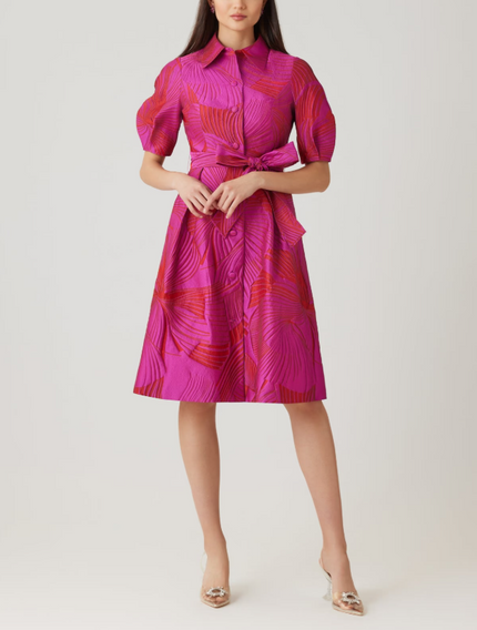 JACQUARD ABSTRACT PRINT PUFF SLEEVE SHIRT DRESS