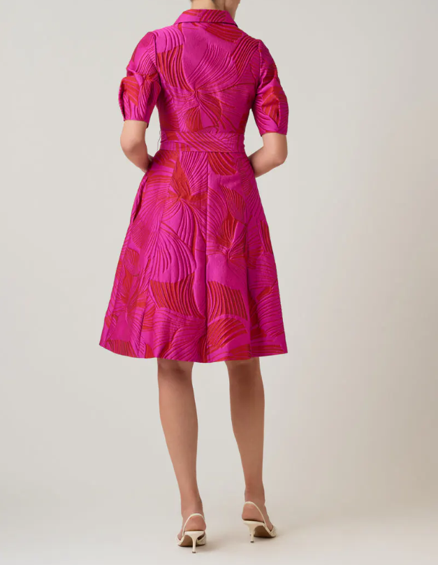 JACQUARD ABSTRACT PRINT PUFF SLEEVE SHIRT DRESS