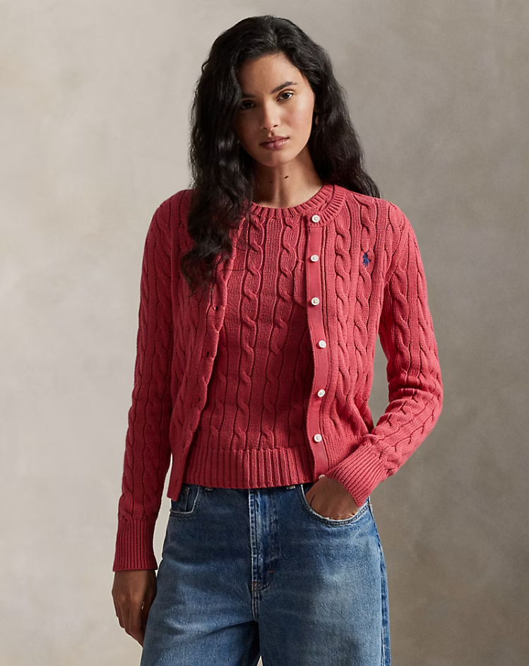 CABLE KNIT COTTON CREWNECK CARDIGAN