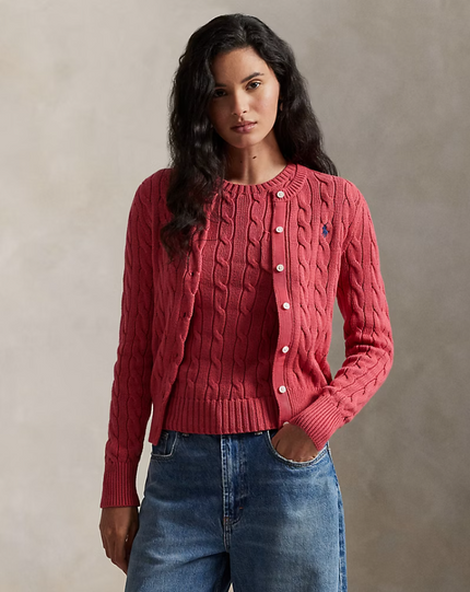 CABLE KNIT COTTON CREWNECK CARDIGAN