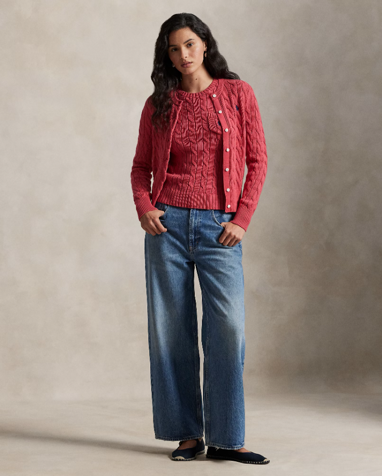 CABLE KNIT COTTON CREWNECK CARDIGAN