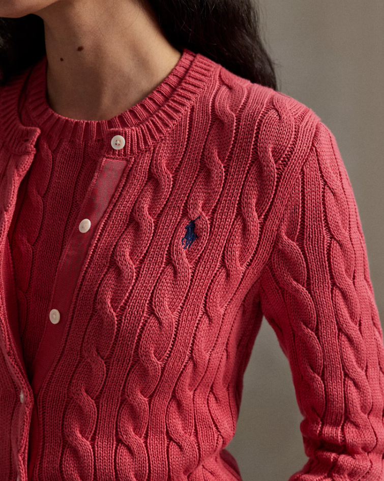 CABLE KNIT COTTON CREWNECK CARDIGAN