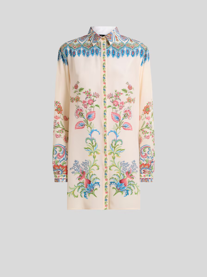 LONG SILK SHIRT WITH PLACED FLORAL PRINT