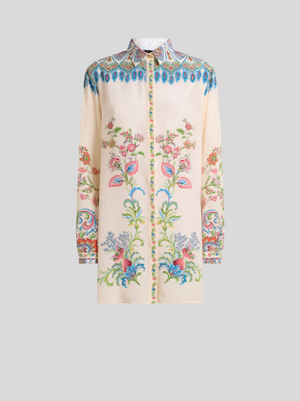 LONG SILK SHIRT WITH PLACED FLORAL PRINT