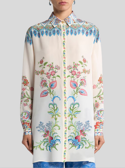 LONG SILK SHIRT WITH PLACED FLORAL PRINT